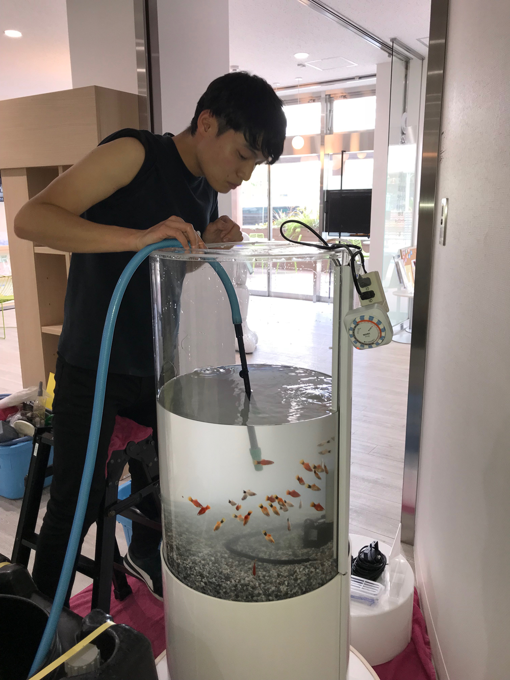 水槽内の約半分を交換します